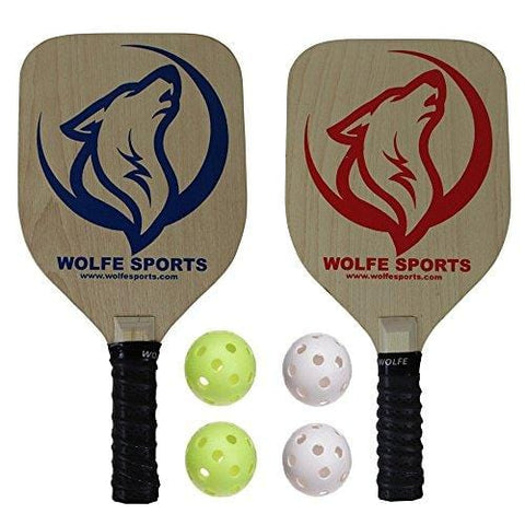Wolfe Wooden Premium Pickleball Paddle Set / Premium - 2 Paddles 4 Jugs Indoor/Outdoor Balls