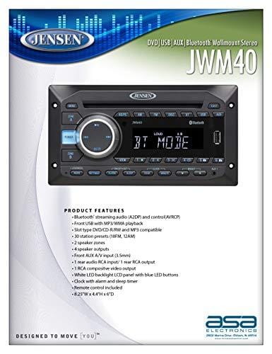 Jensen JWM40 AM/FM|DVD|CD|USB|AUX| Bluetooth (A2DP & AVRCP) Wallmount Stereo, 2-Speaker Zone / 4 Speakers, Plays: CD, CD-R, CD-RW, DVD, DVD+RW, DVD-RW, DVD-Video, MPEG-4, VCD, JPEG, CD-DA, MP3, WMA