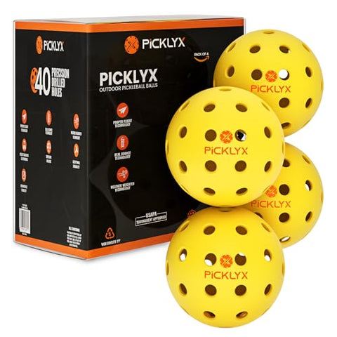 Picklyx 40-Hole Outdoor Pickleball Balls – Set of 4 Plastic, Ultra-Bright Pickleballs for Outdoor Play Games & Practice – Weather-Weighted Pickle Balls with Real Bounce for Superior Play