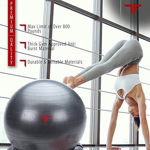 ThinkFit Anti Burst Yoga Exercise Ball 65cm & Resistance Exercise Bands Set with Handles & Stability Ring - Total Home Gym Equipment Bundle: Workout Posters, Ball Pump & Core Sliders for Fitness