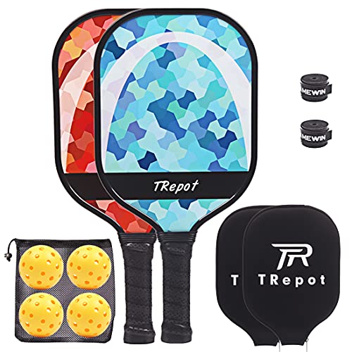 Trepot Pickleball Paddles Set of 2,Graphite Surface Honeycomb Core Polypropylene Lightweight Pickleballs Racket,Includes 4 Pickleball Balls & 2 Protective Cases & 2 Overgrip Rolls (Blue)