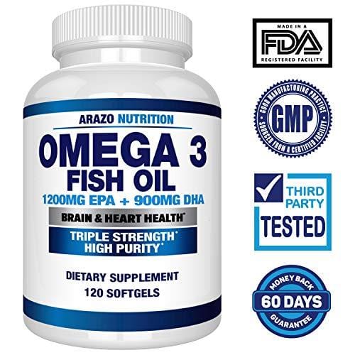 Omega 3 Fish Oil 2250mg | HIGH EPA 1200MG + DHA 900MG Triple Strength Burpless Capsules | Arazo Nutrition (120 Count)