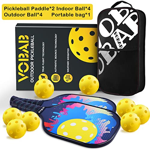 Vobab Lightweight Pickleball Paddles Set: 2 Pickleball Rackets 8 Pickle Balls 1 Portable Bag - Pickleball Racquet Outdoor & Indoor use in 4.72In Grip with Polypropylene Honeycomb Core