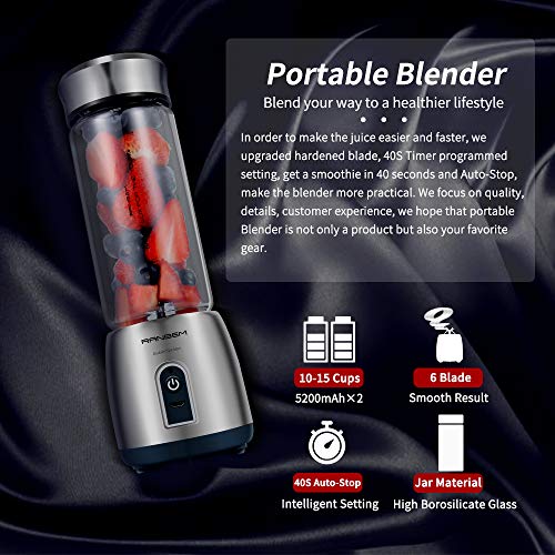 Mini Blender for Shakes and Smoothies，Portable Blender and Small Blender with USB Rechargeable Cordless for Travel, 5200MAH with 13oz Glass Blender Cup