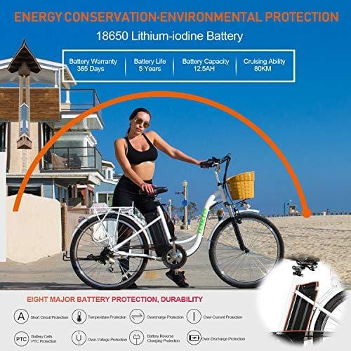 NAKTO 26" 250W City-Electric Bicycle Sporting Shimano 6-Speed Gear E-Bike 36V 10A Lithium Battery