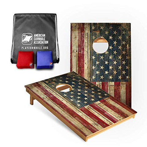 American Cornhole Association Official Cornhole Boards & Bags Set American Flag Design - Heavy Duty Wood Construction - Tailgate Size (3ft x 2ft) Bean Bag Toss