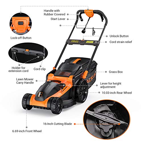 TACKLIFE Electric Lawn Mower, 16-Inch 11Amp Lawn Mower, 6 Mowing Heights, Central Adjustment System, Easy Folding in 5s, 16Gal Grass Box, 10-Inch Rear Wheels & Save Effort–KALM1340A
