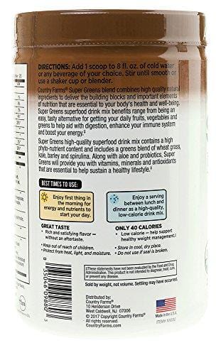 Country Farms Super Greens Chocolate Flavor, 50 Organic Super Foods, USDA Organic Drink Mix, 20 Servings