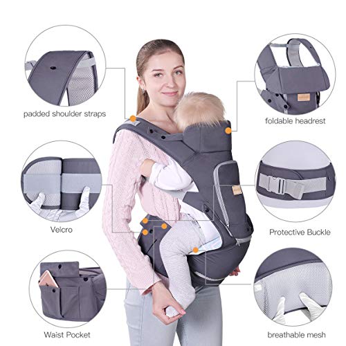 Infant Baby Wrap Carrier with Stool - All Positions Baby Carrier, Baby Hip Seat Ergonomic Carrier, Newborn to Toddlers Carrier with Soft Breathable Air Mesh, All Adjustable Buckles (Dark Grey, 1 Pack)