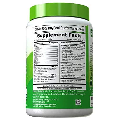 Peak Performance Organic Greens Superfood Powder. Best Tasting Organic Green Juice Super Food with 25+ All Natural Ingredients for Max Energy & Detox. Spirulina, Spinach, Kale, Turmeric Probiotics