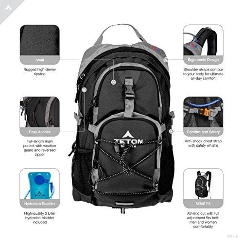 TETON Sports Oasis 1100 Hydration Pack | Free 2-Liter Hydration Bladder | Backpack design great for Hiking, Running, Cycling, and Climbing | Black