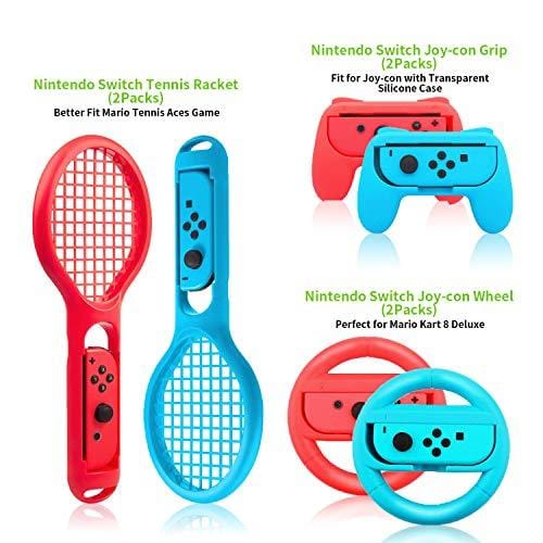 D DACCKIT Accessories Kit Compatible with Nintendo Switch - Including Switch Joy-Con Wheel, Tennis Racket, Joy-Con Charging Dock, Grips, Caps, Compact PlayStand, Game Card Case, Protective Case