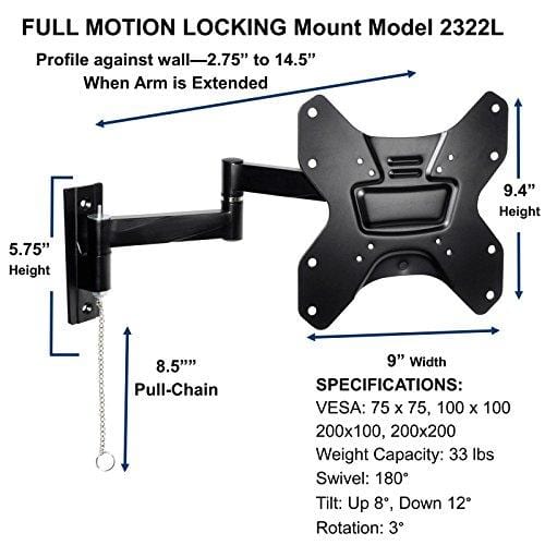 Master Mounts 2322L-2 Portable Travel RV TV Mount Locking Articulating Arm Allows 1 TV to be Used in 2 Locations, Keeps TV Secure in Moving Vehicles up to 50" & 200x200