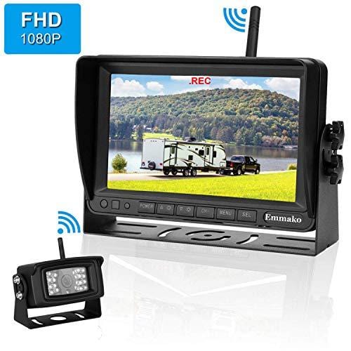 Emmako FHD 1080P Digital Wireless Backup Camera With 7'' DVR Monitor Support Split/Quard Screen  For Trailers,RV,5th Wheels High-Speed Observation System Adjustable Rear/Front View, Guide Lines ON/Off