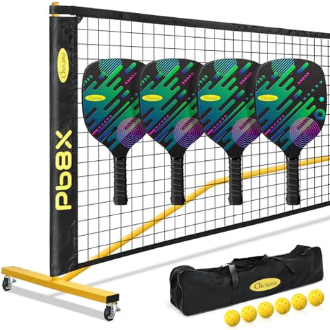 Choiana Pickleball Net Driveway Pickleball Set with Net Wheels Pickle Ball Nets Portable Movable 22ft Regulation Size w/ 4 Paddles Rackets, Durable Metal Pole, Carry Bag for Outdoor Indoor Home
