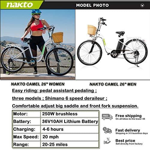 NAKTO Adult Electric Bicycles 26" Electric Bikes for 36V/10Ah/12Ah Ebikes(Camel White)