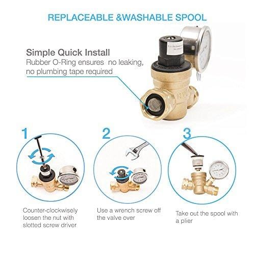 RVAQUA M11-45PSI Water Pressure Regulator for RV Camper - Brass Lead-Free Adjustable RV Water Pressure Reducer with 160 PSI Gauge and Inlet Stainless Screened Filter