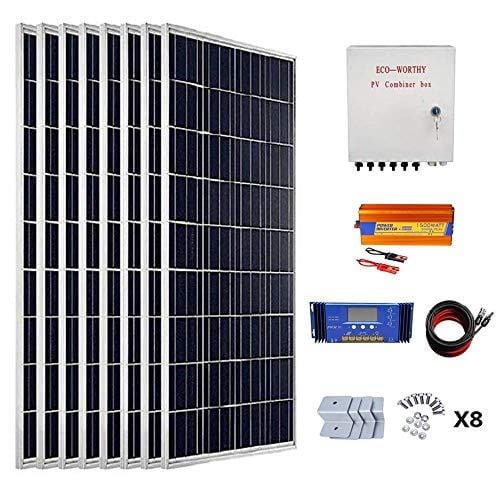 ECO-WORTHY 800 Watts Solar Panel Kit: 8pcs 100W Poly Solar Panel + 1500W 24V-110V Off Grid Inverter + Combiner Box + 15ft Solar Cable + 60A PWM Charge Controller + Z Mounting Brackets