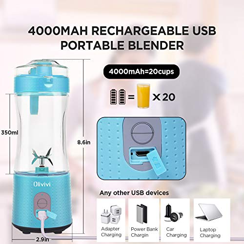 Portable Blender, Olivivi 2020 Multifunctional Personal Blender Mini Smoothie Blender 6 Powerful Blades, 4000mAh Rechargeable USB Juicer Cup Bottle with strainer Cleaning Brush for Travel BPA Free Blue