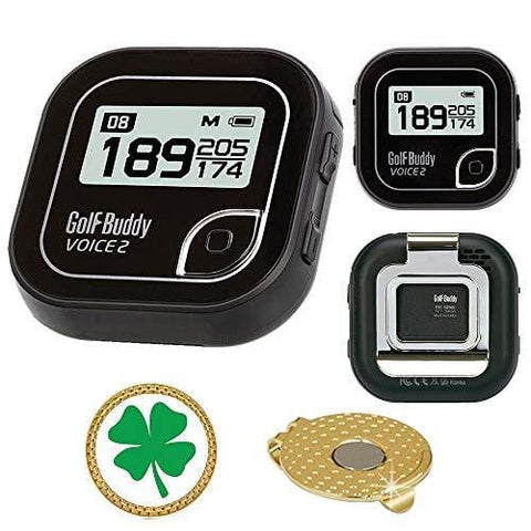 AMBA7 GolfBuddy Voice 2 Golf GPS/Rangefinder Bundle with Magnetic Hat Clip Ball Marker (Clover)
