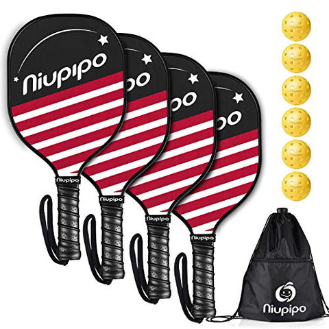 niupipo Pickleball Paddles, Pickleball Set 4 Paddles with 6 Balls and 1 Carry Bag, 7-ply Basswood Wood Pickleball Paddles, Safe Edge Guard, Cushioned Grip, Wooden Pickleball Paddle 4 Pack for Beginner