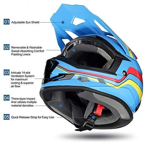 GLX Unisex-Child GX623 DOT Kids Youth ATV Off-Road Dirt Bike Motocross Helmet Gear Combo Gloves Goggles for Boys & Girls (Retro Blue, Medium)