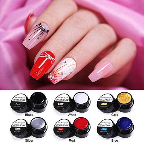 NICOLE DIARY 6 Colors Spider Nail Gel Nail Polish UV/LED Gel Nail Art Wire Drawing Gel Graffiti Painting Gel Varnish with Painting Dotting Pen Gel Nail Polish DIY Design Tool