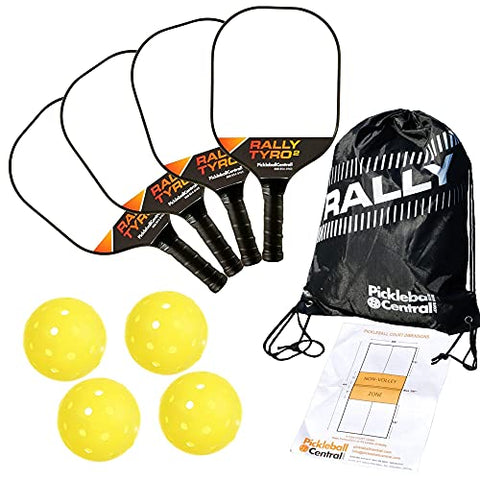 Rally Tyro 2 Composite Pickleball Paddle Set for 4 Players (4 Paddles + 4 Pickleballs + Drawstring Bag + Rules/Strategy Guide)