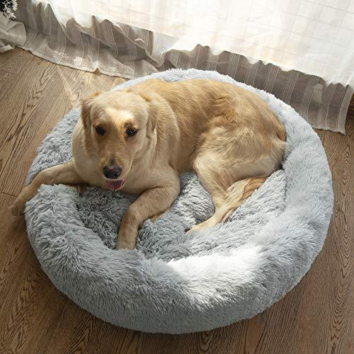 Veehoo Self-Warming Round Dog Bed for Medium Dogs & Cats, Luxurious Faux Fur Donut Cuddler, Bolster Pet Bed & Sofa, Extra Plush Dog Pillow & Couch, Machine Washable, Grey