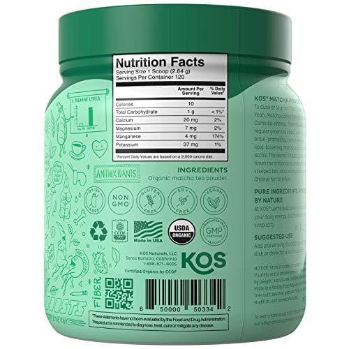 KOS Organic Matcha Powder | No Additives, 100% Pure Matcha Green Tea Powder | USDA Organic, High In Antioxidants, Clean Energy Promoting Plant Based Ingredient, 316.8g, 120 Servings