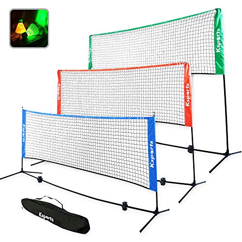 Ksports Portable 10 Feet Badminton Net Set(Green)−One Net for Pickleball, Tennis, Soccer Tennis, Kids Volleyball−4 LED Shuttlecocks−One Carry Bag−Easy Setup Nylon Net with Poles for Indoors & Outdoors