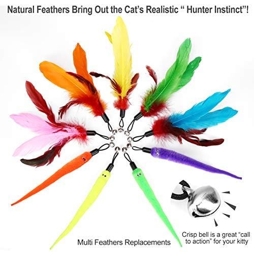 Cat Feather Toy, Retractable Cat Toys Wand 2 Wands & 9 Assorted Teaser Refills, Interactive Feather Teaser Wand Toy Bell Kitten Cat Having Fun Exerciser Playing