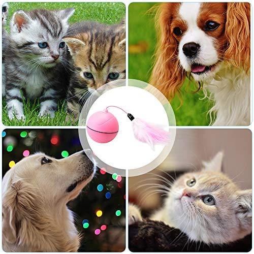 Wanfei Interactive Cat Toys, Automatic Self Rotating USB Charged Light Pet Toy with Small Bell, Pets Cats Dogs Chaser Ball, Rechargeable Entertainment Exercise Toy with Detachable Feather for Cat Dog