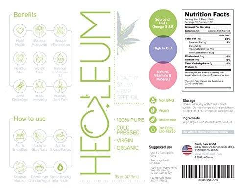 Hemp Oil - 100% Pure Hemp Seed Oil Cold Pressed Organic. Sourced From Canada. Provides Omega 3 and 6 EFA's. Anti Inflammatory Benefits Provide Pain Relief (16 OZ)