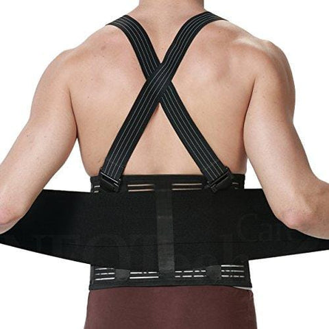 Back Brace with Suspenders for Men - Adjustable - Removable Shoulder Straps - Lumbar Support Belt - Lower Back Pain, Work, Lifting, Exercise, Gym - Neotech Care Brand - Black - Size L