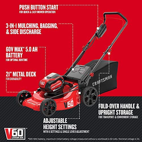 CRAFTSMAN V60 3-in-1 Cordless Lawn Mower, 21-Inch (CMCMW260P1),Red