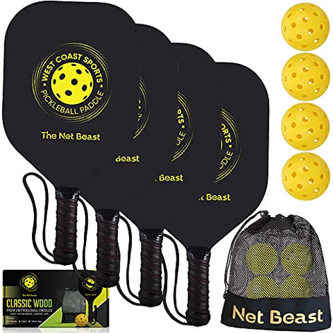 Net Beast Wood Pickleball Paddles 4 Pack - Wooden Pickleball Set with Carry Bag and 4 High Performance Balls, 7-ply Basswood, Pickleball Rackets with Ergonomic Cushion Grip, Racquette set of 4