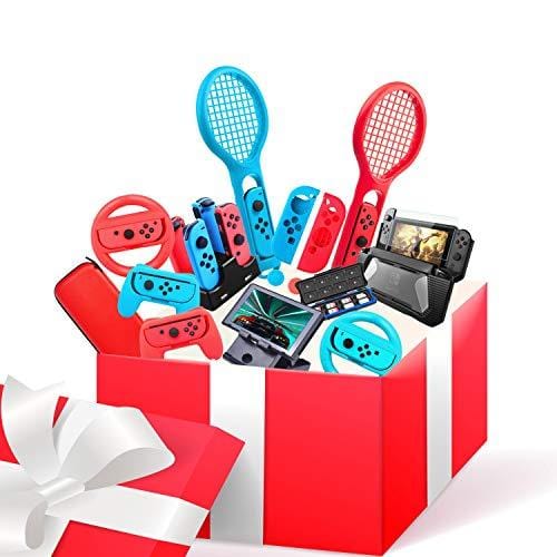 D DACCKIT Accessories Kit Compatible with Nintendo Switch - Including Switch Joy-Con Wheel, Tennis Racket, Joy-Con Charging Dock, Grips, Caps, Compact PlayStand, Game Card Case, Protective Case