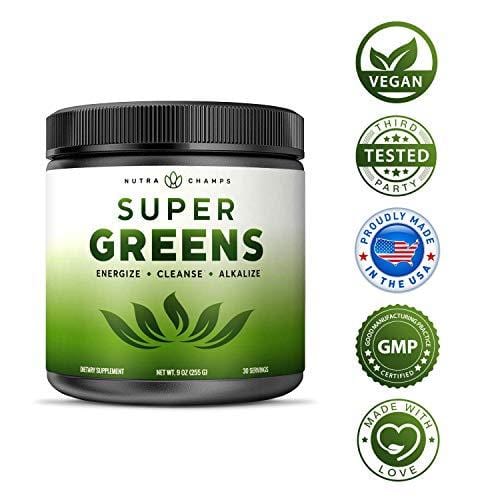 Super Greens Powder Premium Superfood - 20+ Organic Green Veggie Whole Foods - Wheat Grass, Spirulina, Chlorella & More - Antioxidant, Digestive Enzyme & Probiotic Blends | Vegan Juice Supplement