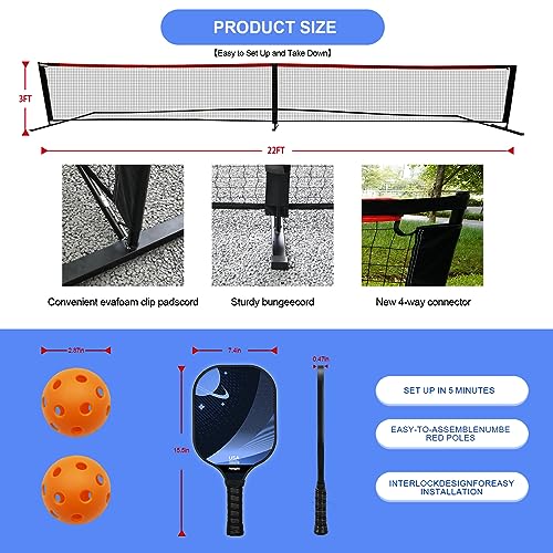 Pickleball Set with Net (22FT Pickleball Paddles Set of 4Includes 4 Premium Pickeball Paddles,1 Portable Net1 CarnBag,and 4 Pickleball Retriever4 Replacement Soft Grip