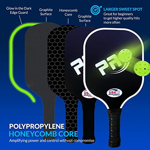 PRO Pickleball Glow in The Dark Paddle Edge and Balls Set. Graphite Carbon Fiber face Cushion with Honeycomb core More Lightweight and Durable