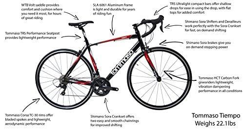 Tommaso Tiempo - Closeout XS, Small Sizes Only - Endurance Aluminum Road Bike, Carbon Fork, Shimano Sora, 18 Speeds, Aero Wheels - Black/Red/White - Extra Small