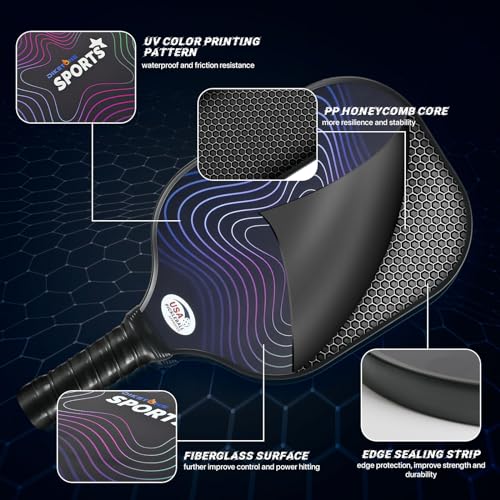 Diketone Pickleball Paddles Set of 2, Fiberglass Pickleball Paddles, Polypropylene Honeycomb Core, Lightweight Pickleball Rackets 2 Pack with 4 Pickleball Balls, Pickleball Paddle Set for Men Women