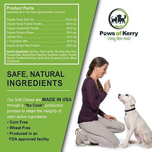 Paws of Kerry #1 Calming Treats for Dogs Anxiety, Natural Relief from Separation Anxiety, Organic Hemp Oil Soft Chews & Calm Aid for Motion Sickness, Storms, L-Tryptophan & Organic Chamomile |120 Soft