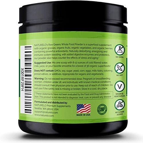 NATURELO Raw Greens Superfood Powder - Best Supplement to Boost Energy, Detox, Enhance Health - Organic Spirulina & Wheat Grass - Whole Food Vitamins from Fruit & Vegetable Extracts - 60 Servings