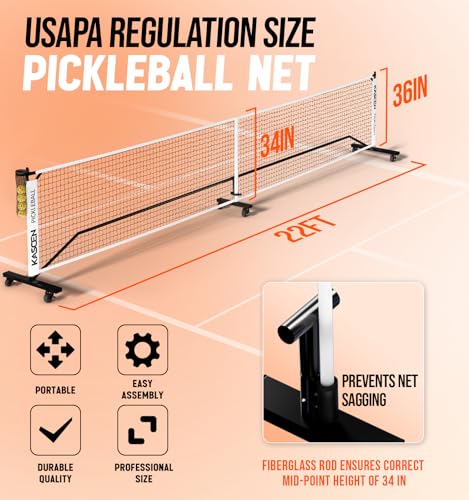 KASCEN Portable Pickleball Net for Driveway - 22 FT Pickleball Net Set Outdoor Regulation Size with Wheels, Pickle Ball Net System for Backyards, Indoor with Ball Holde, 4 Pickleballs & Carrying Bag
