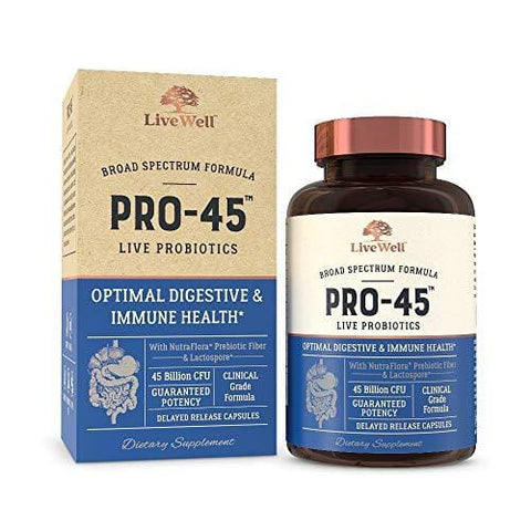 PRO45: #1 CLINICAL GRADE Probiotic Formula, 45 billion CFU, 11 patented strains. Dairy Free. Delayed release veggie caps. Promotes immune and digestive health. 30 Day Supply (1)