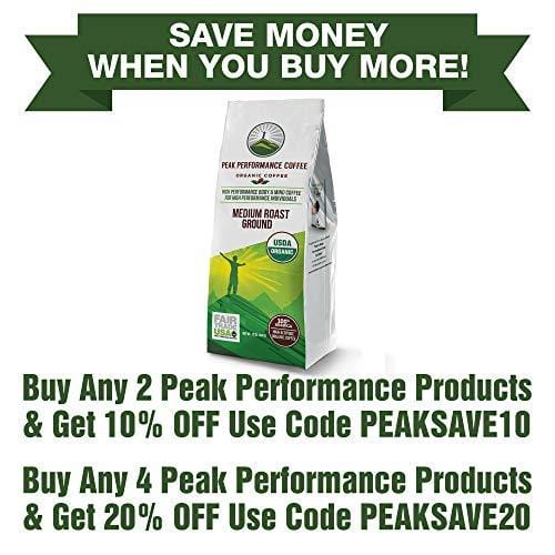 Peak Performance High Altitude Organic Coffee. No Pesticides, Fair Trade, Non GMO, And Beans Full Of Antioxidants! Medium Roast Low Acid Smooth Tasting USDA Certified Organic Ground Coffee 12oz Bag