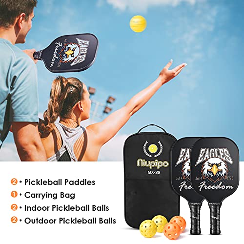 niupipo Pickleball Paddles, USA Approved Pickleball Paddles Set of 2 Pickleball Rackets 4 Pickleball Balls 1 Portable Bag, Polypropylene Honeycomb Core, Graphite Carbon Face, Cushioned 4.5In Grip