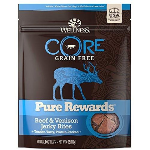 Wellness Core Pure Rewards Natural Grain Free Dog Treats, Soft Beef & Venison Jerky Bites, 4-Ounce Bag